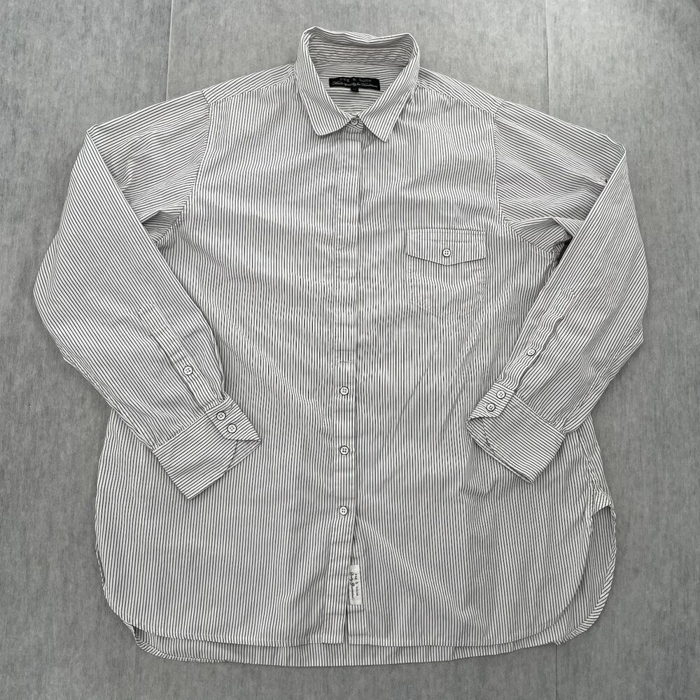 Rag Bone Shirt Womens 10 White Black Stripe Button Up Long Sleeve Pockets Ladies